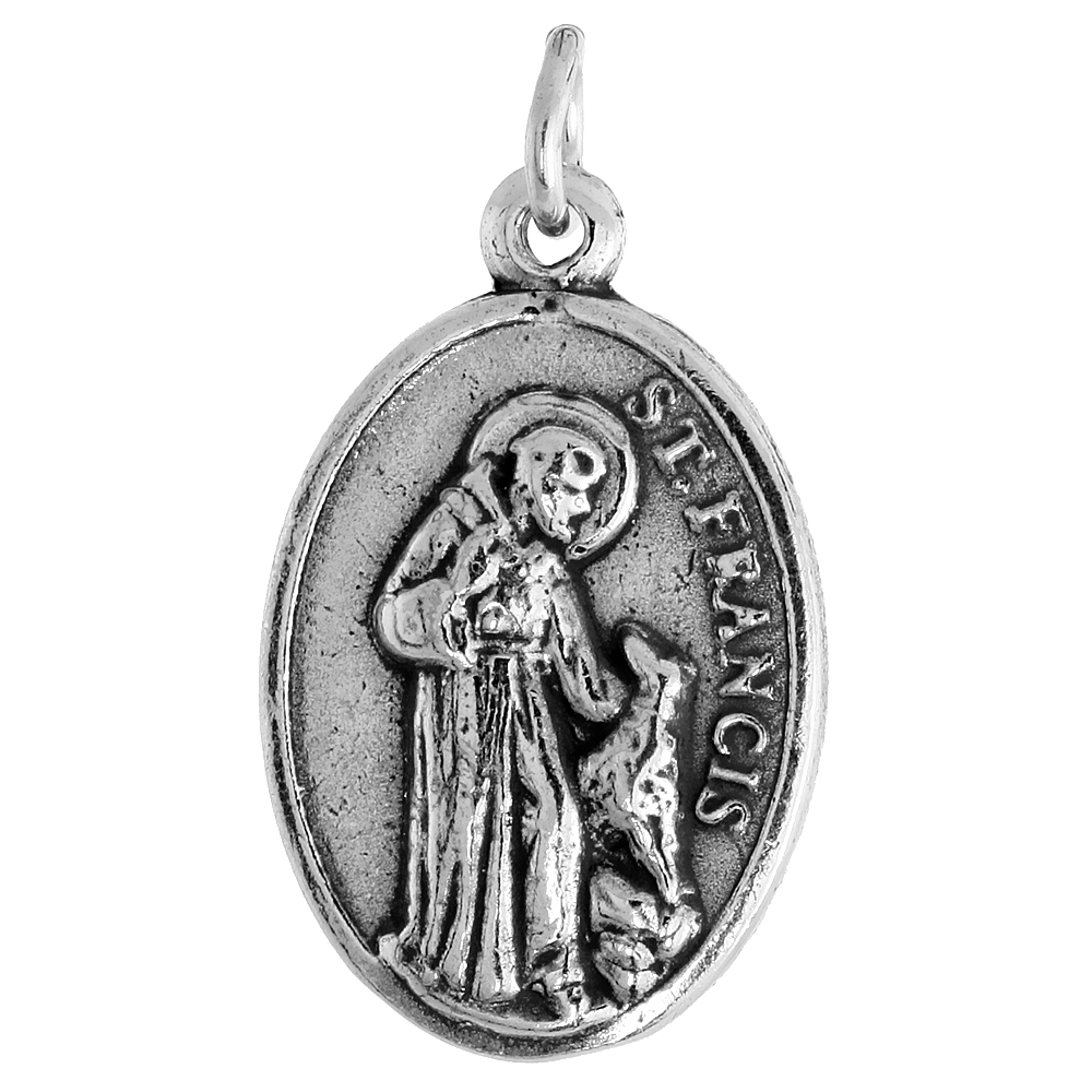STERLING SILVER ST ANTHONY & ST FRANCIS MEDAL DOUBLE-SIDED NECKLACE OXIDIZED FINISH OVAL 1.8MM CHAIN