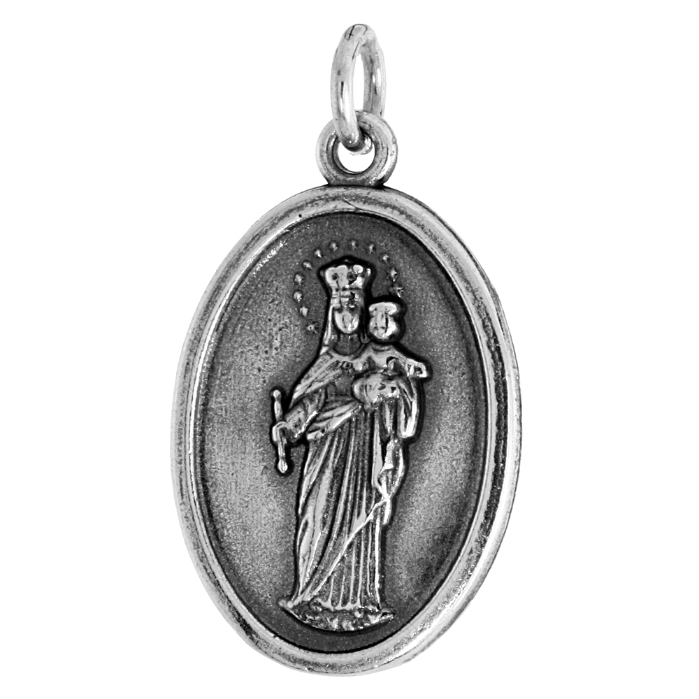 STERLING SILVER VIRGIN MARY & CHRIST MEDAL NECKLACE OXIDIZED FINISH OVAL 1.8MM CHAIN
