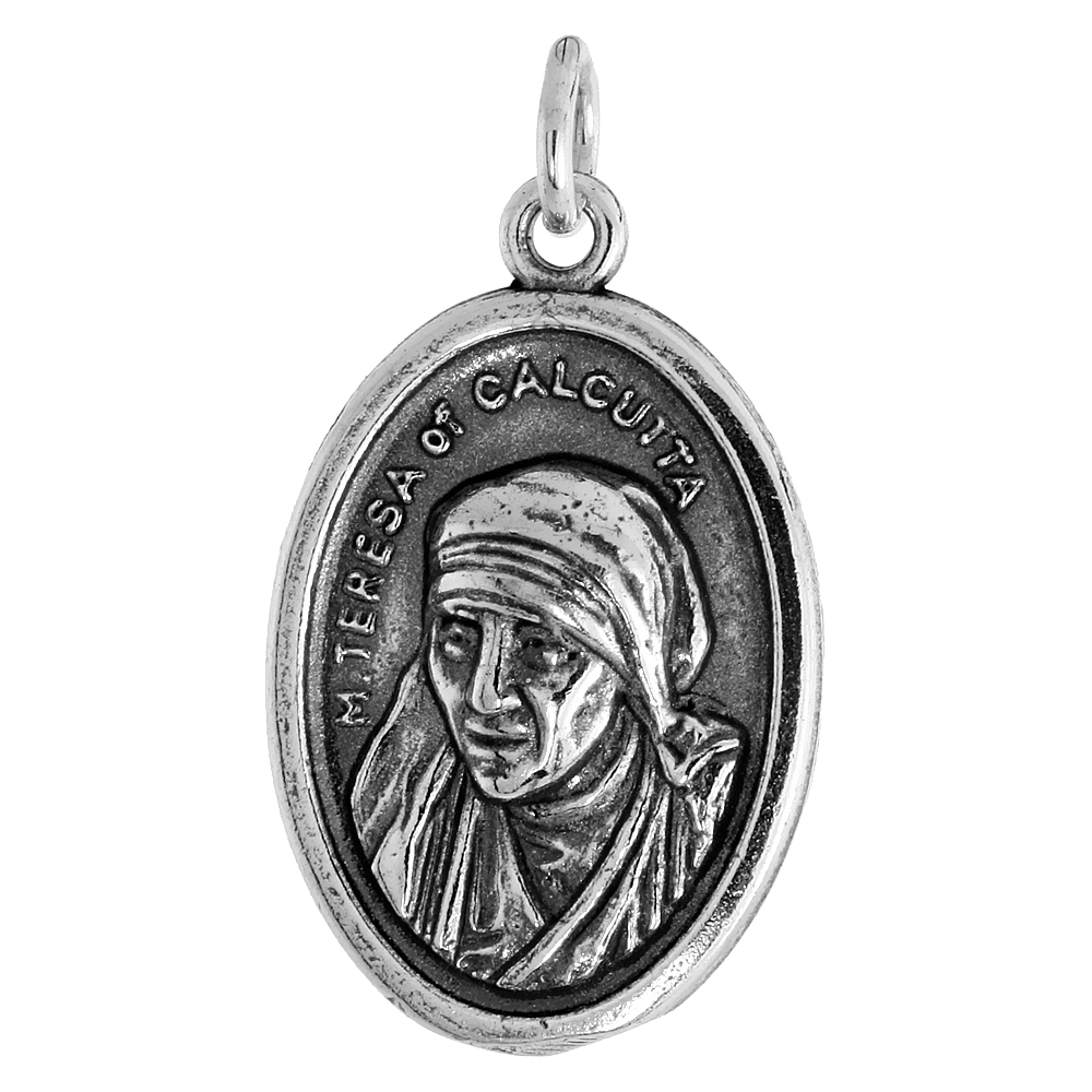 STERLING SILVER MOTHER TERESA MEDAL NECKLACE OXIDIZED FINISH OVAL 1.8MM CHAIN