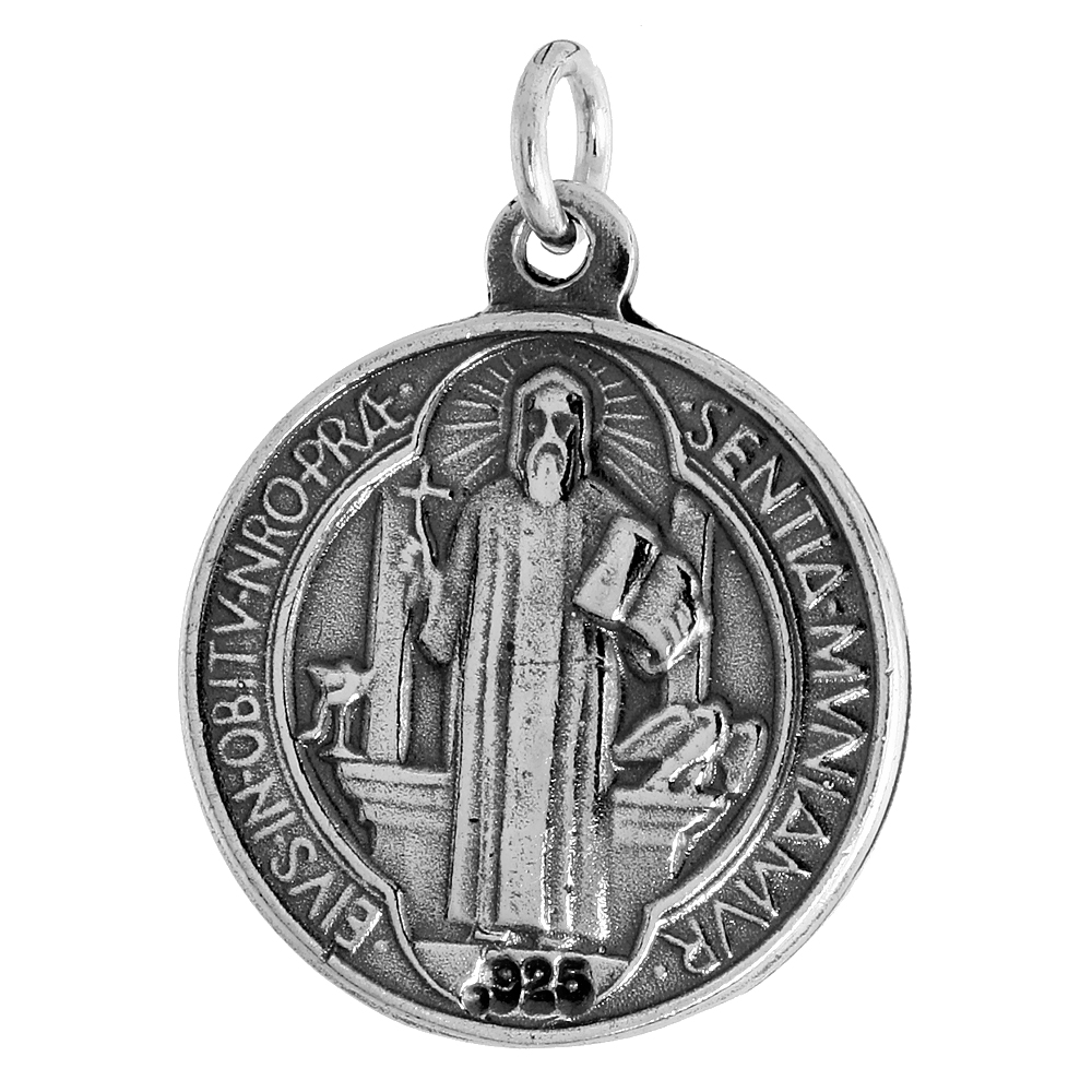 HEAVY LARGE 1 1/4 INCH STERLING SILVER ST BENEDICT MEDAL NECKLACE FOR MEN 28MM ROUND