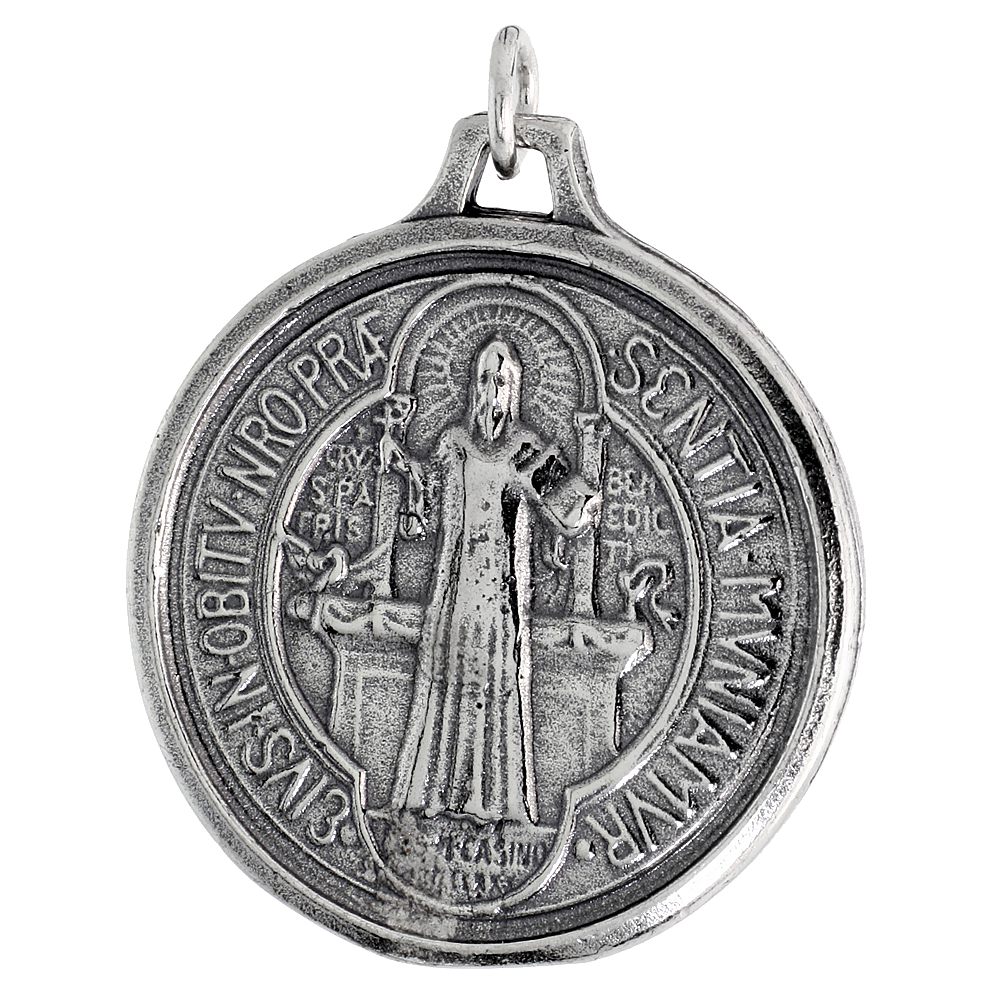 1 1/4 INCH LARGE STERLING SILVER ST BENEDICT MEDAL PENDANT OXIDIZED FINISH FOR MEN 28MM ROUND AVAILABLE WITH OR WITHOUT A SILVER CHAIN