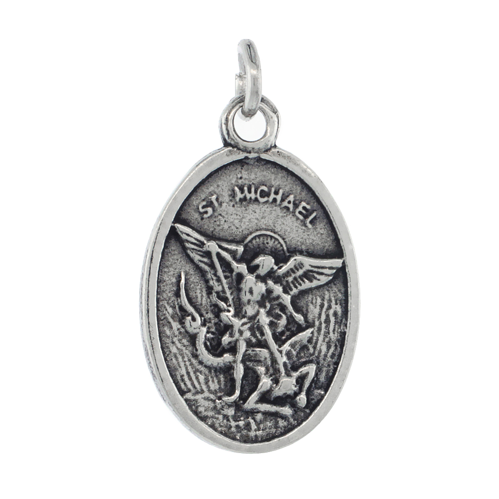STERLING SILVER ST MICHAEL MEDAL NECKLACE OXIDIZED FINISH OVAL 1.8MM CHAIN