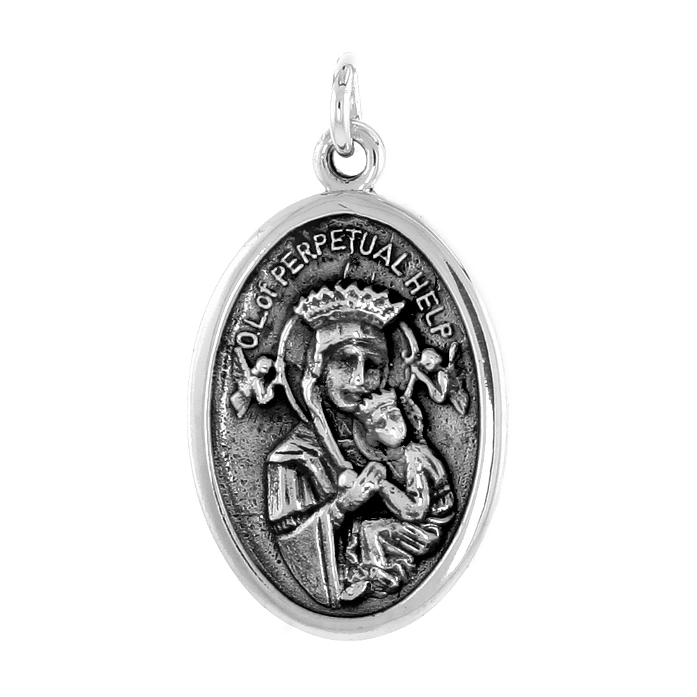 STERLING SILVER OUR LADY OF PERPETUAL HELP MEDAL NECKLACE OXIDIZED FINISH OVAL 1.8MM CHAIN