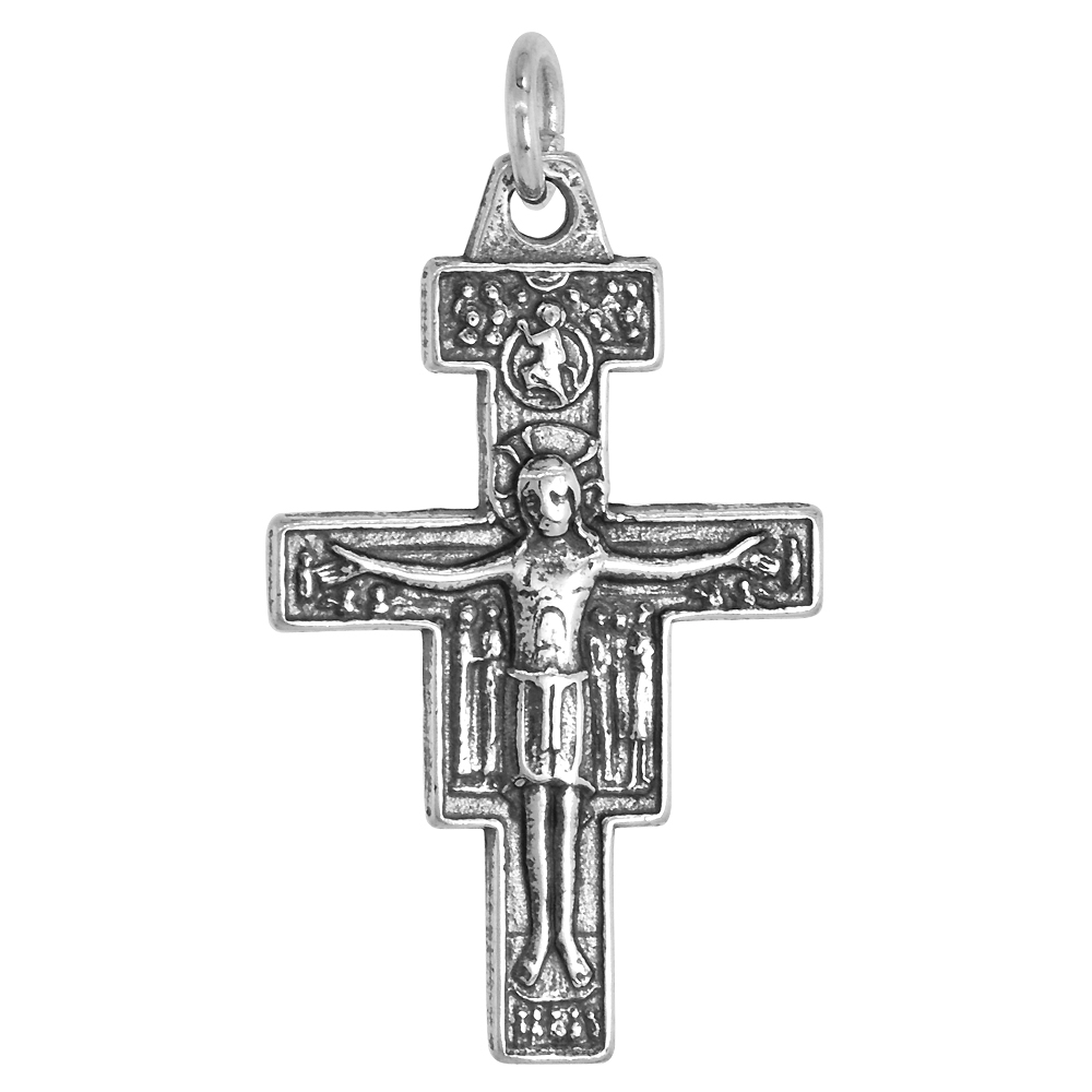 STERLING SILVER SAN DAMIANO CRUCIFIX NECKLACE OXIDIZED FINISH ANTIQUE FINISH 1 1/4 INCH