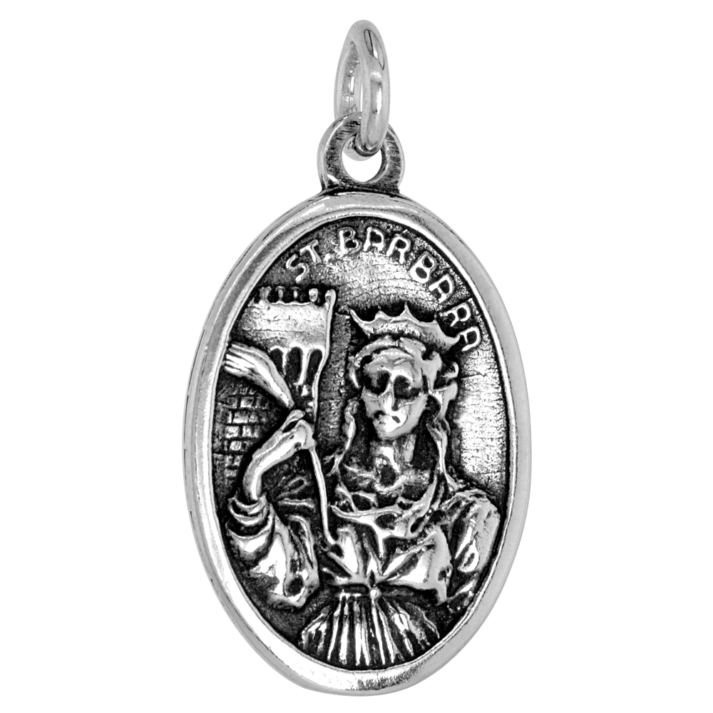 STERLING SILVER ST BARBARA MEDAL NECKLACE OXIDIZED FINISH OVAL 1.8MM CHAIN