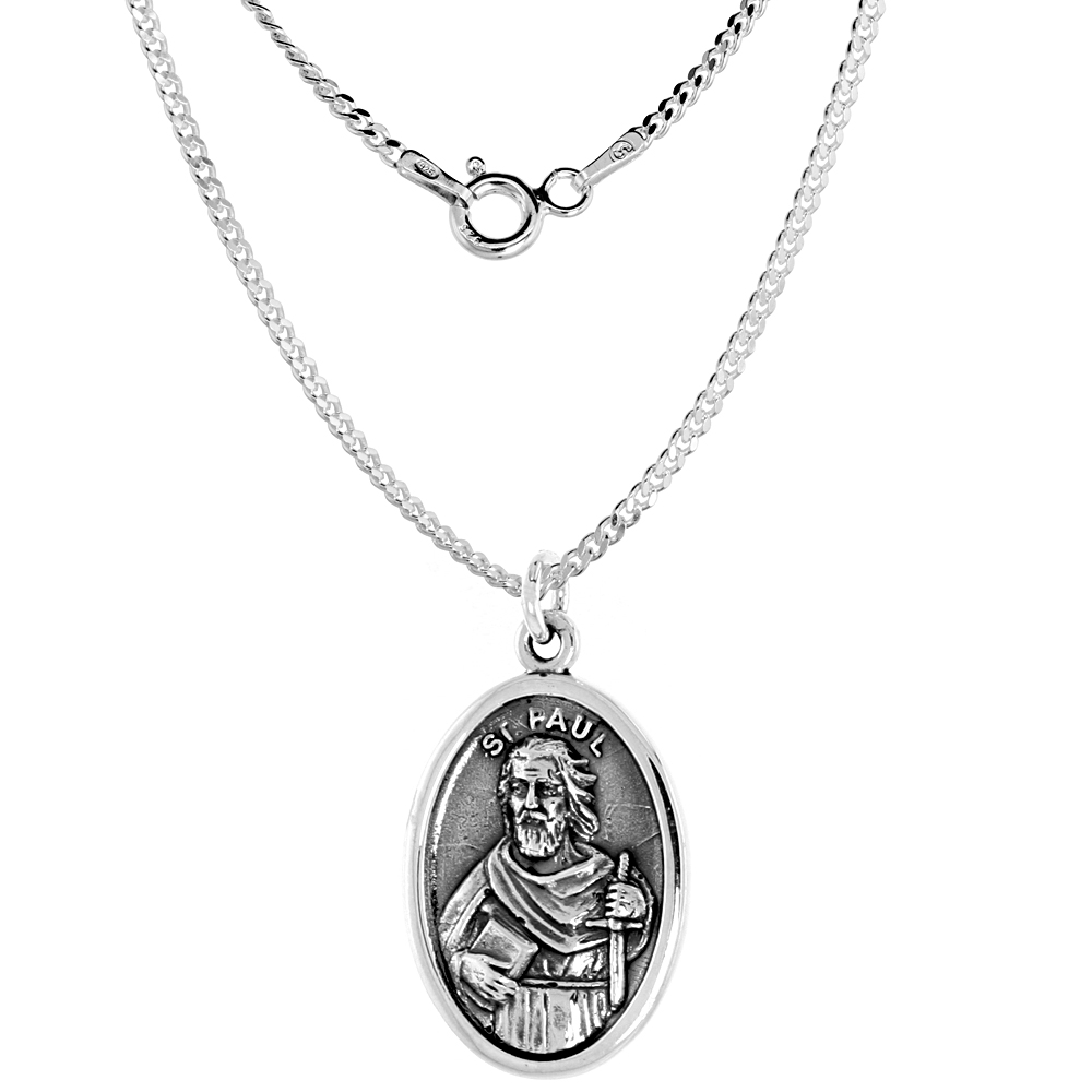 Sterling Silver St Paul Medal Pendant Oxidized finish Oval 1 inch