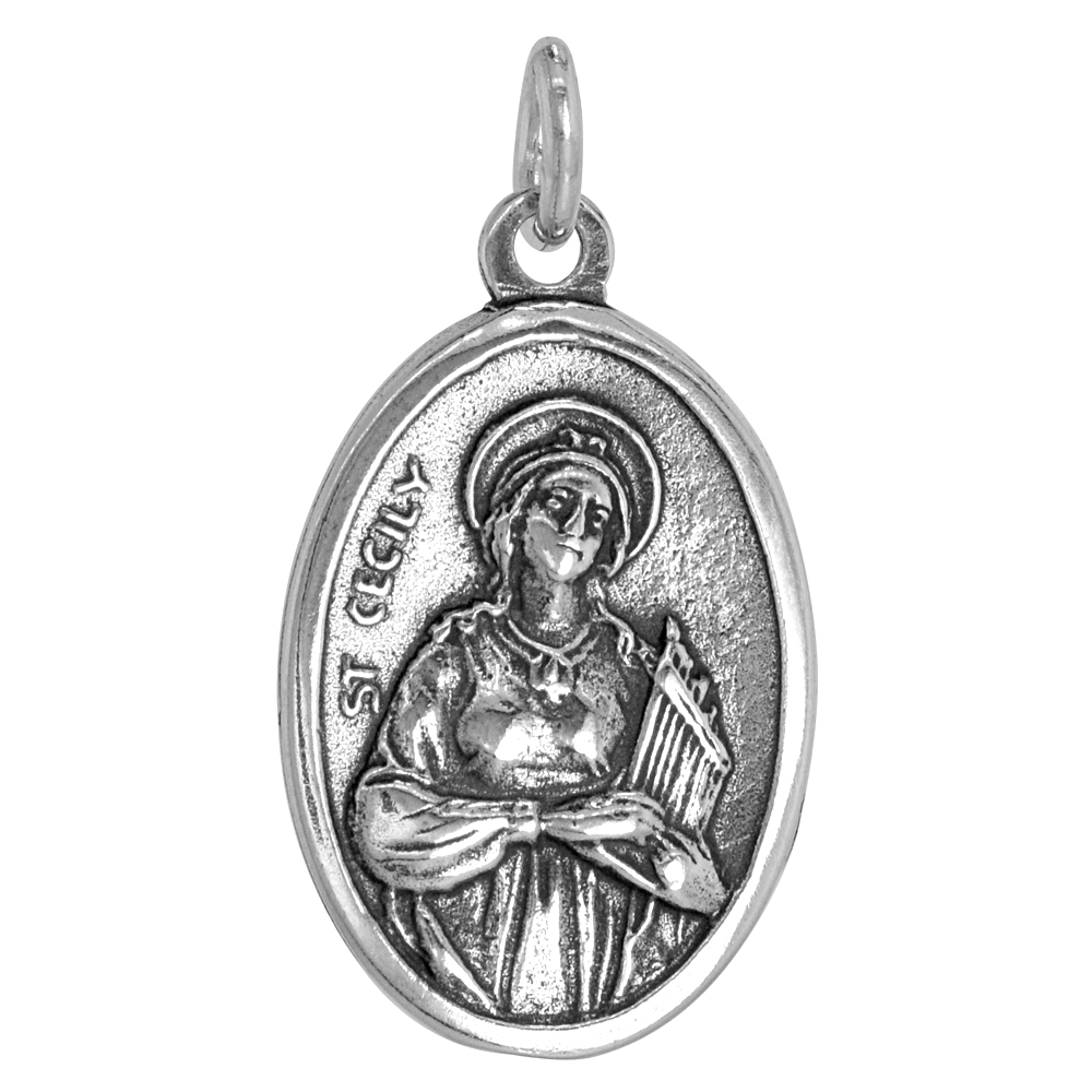 STERLING SILVER ST CECILY MEDAL NECKLACE OXIDIZED FINISH OVAL 1.8MM CHAIN