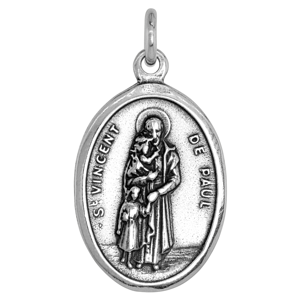 STERLING SILVER ST VINCENT MEDAL NECKLACE OXIDIZED FINISH OVAL 1.8MM CHAIN