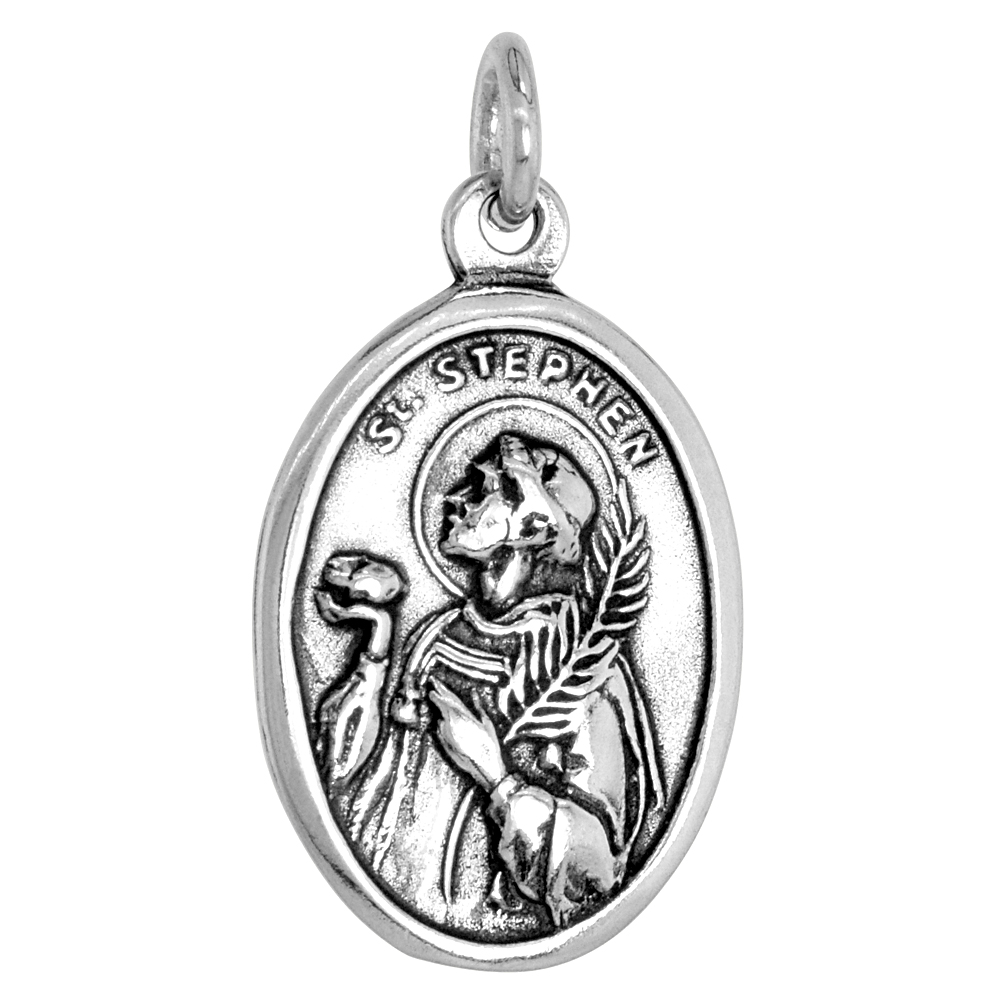 STERLING SILVER ST STEPHEN MEDAL NECKLACE OXIDIZED FINISH OVAL 1.8MM CHAIN
