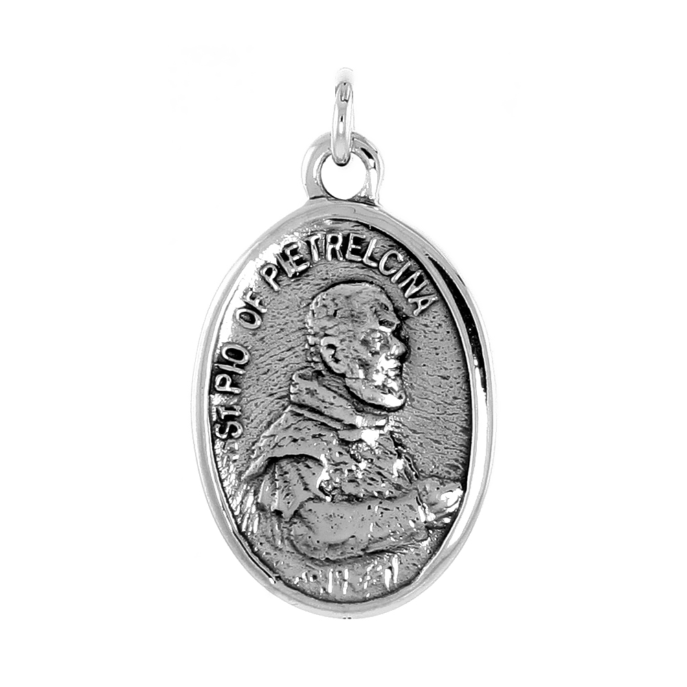 STERLING SILVER ST PADRE PIO MEDAL NECKLACE OXIDIZED FINISH OVAL 1.8MM CHAIN