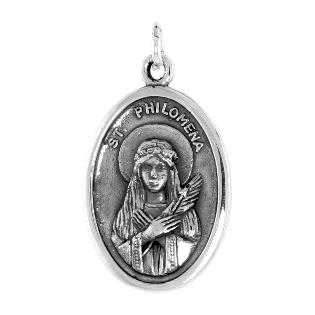 STERLING SILVER ST PHILOMENA MEDAL NECKLACE OXIDIZED FINISH OVAL 1.8MM CHAIN
