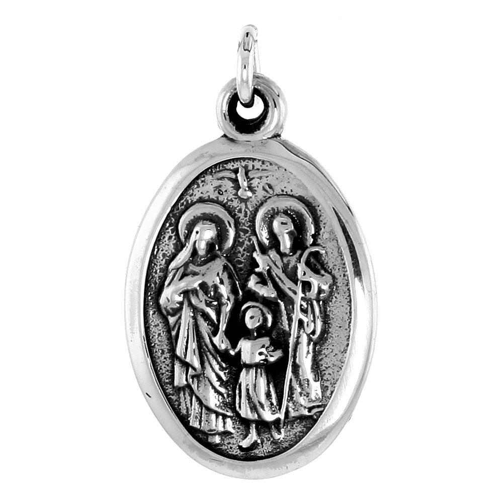 STERLING SILVER JESUS MARY JOSEPH HOLY FAMILY MEDAL NECKLACE OXIDIZED FINISH OVAL 1.8MM CHAIN