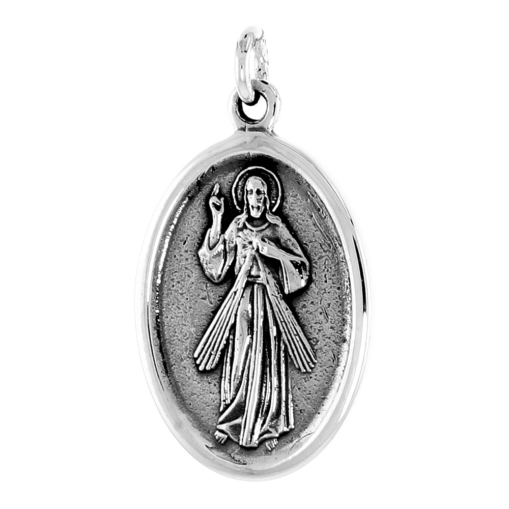 STERLING SILVER RESURRECTION OF JESUS MEDAL NECKLACE OXIDIZED FINISH OVAL 1.8MM CHAIN