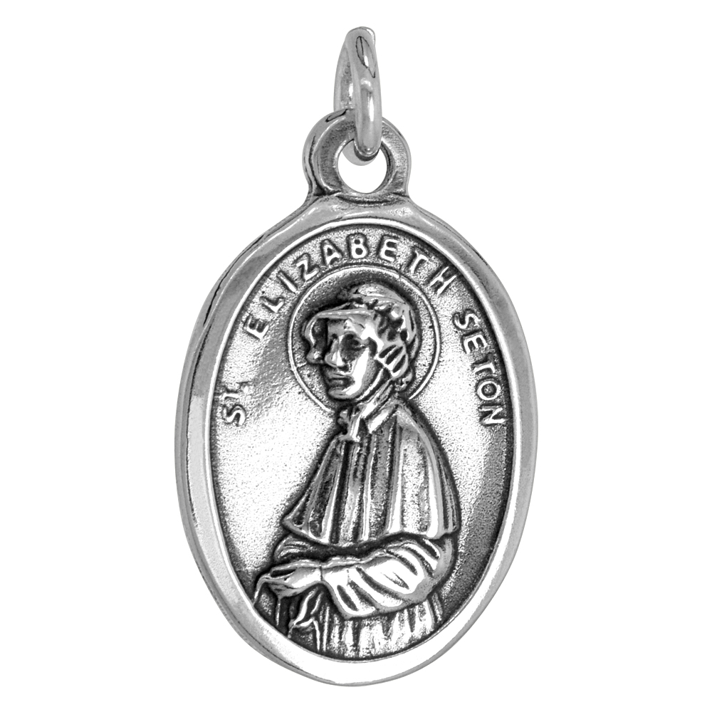 STERLING SILVER ST ELIZABETH SETON MEDAL NECKLACE OXIDIZED FINISH OVAL 1.8MM CHAIN
