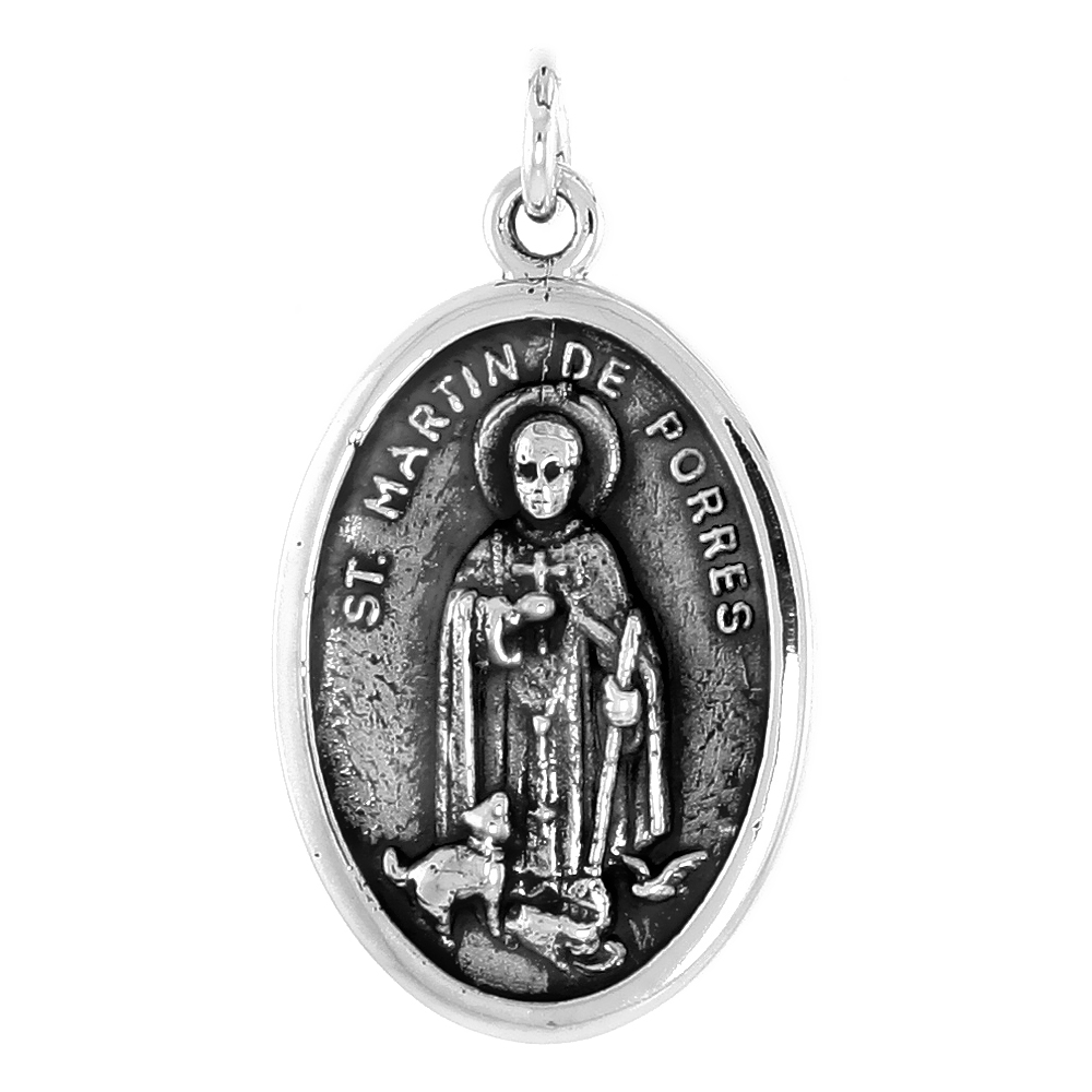 STERLING SILVER ST MARTIN DE PORRES MEDAL NECKLACE OXIDIZED FINISH OVAL 1.8MM CHAIN
