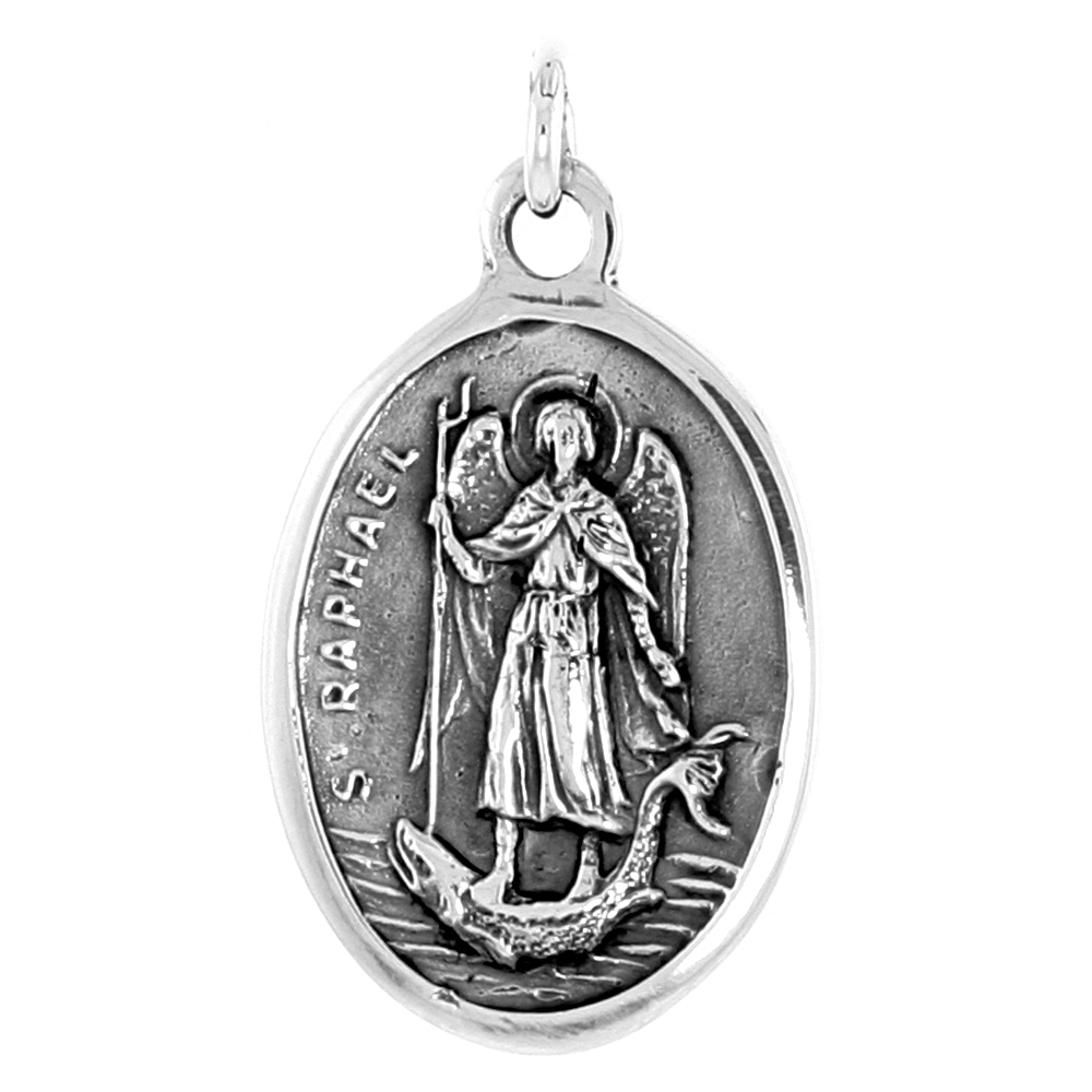 STERLING SILVER ST RAPHAEL MEDAL NECKLACE OXIDIZED FINISH OVAL 1.8MM CHAIN