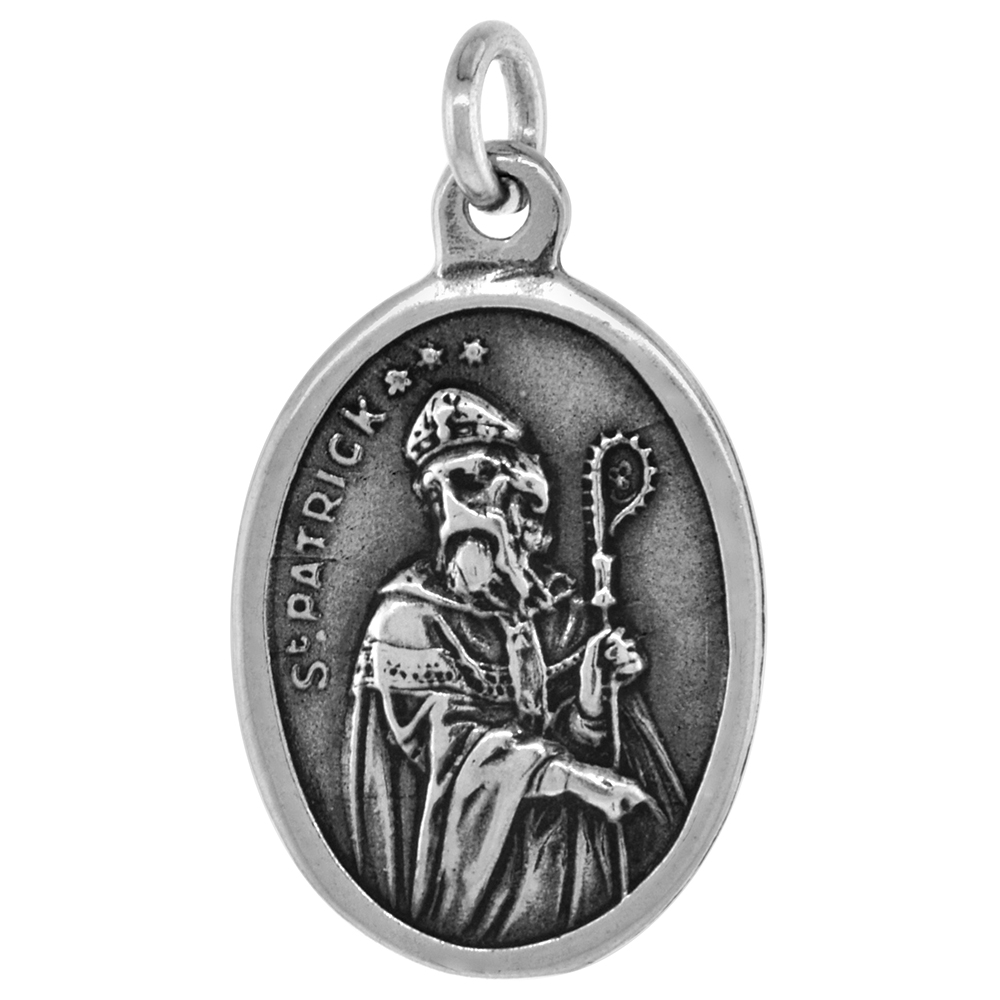 STERLING SILVER ST PATRICK MEDAL NECKLACE OXIDIZED FINISH OVAL 1.8MM CHAIN