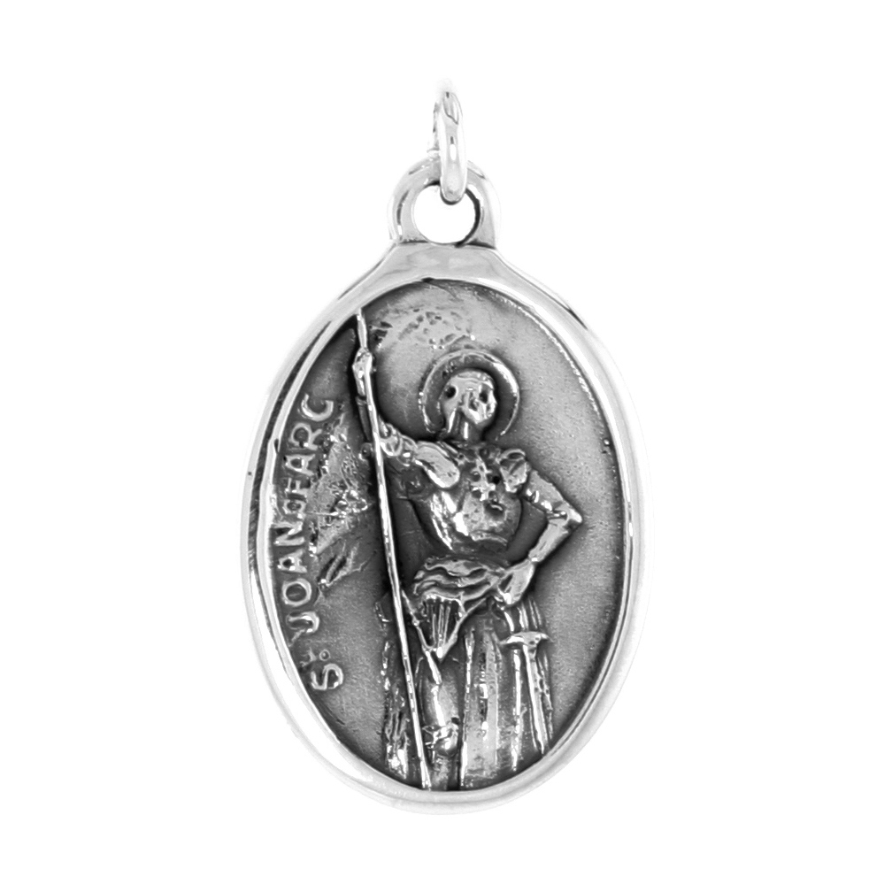 STERLING SILVER ST JOAN OF ARC MEDAL NECKLACE OXIDIZED FINISH OVAL 1.8MM CHAIN