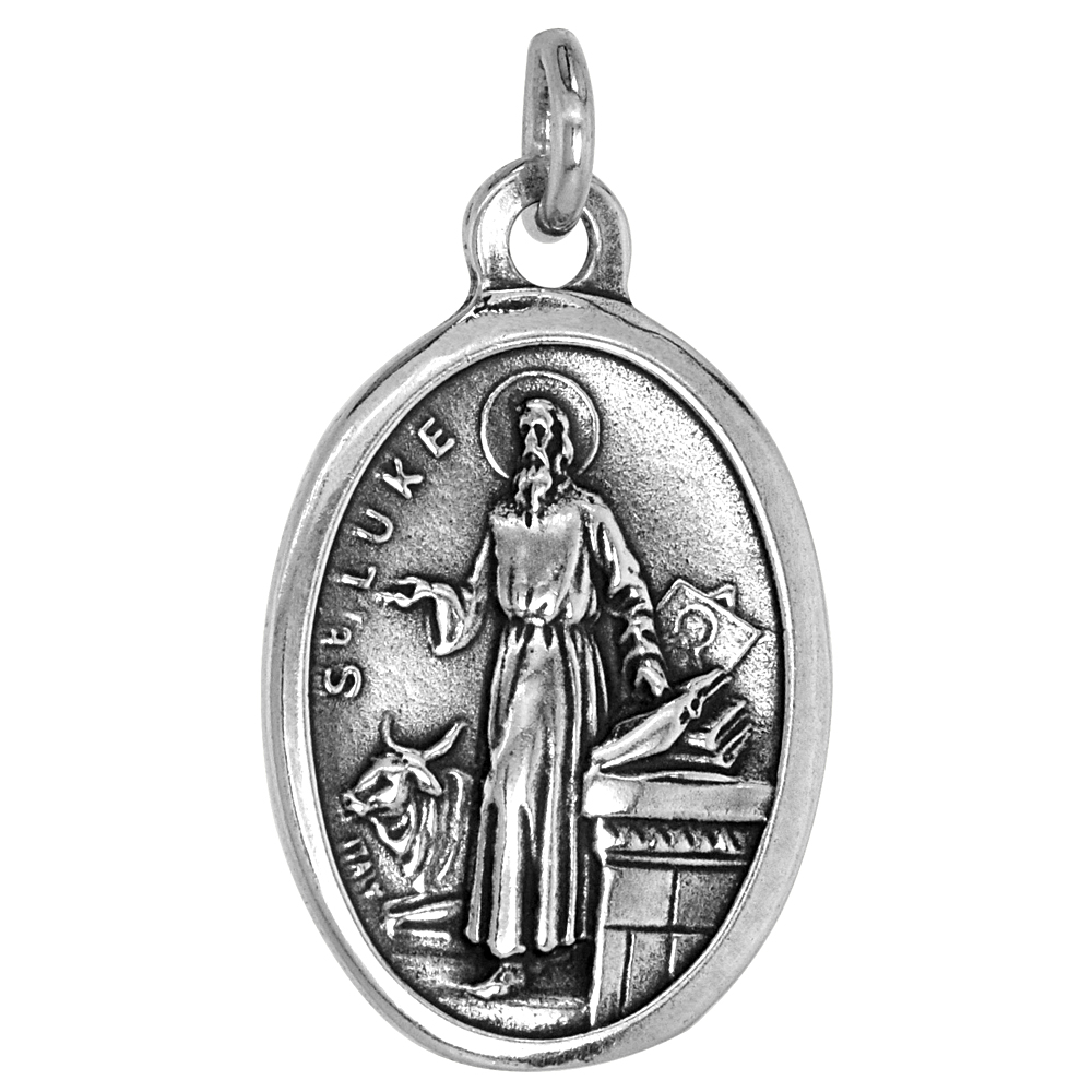 STERLING SILVER ST LUKE MEDAL NECKLACE OXIDIZED FINISH OVAL 1.8MM CHAIN