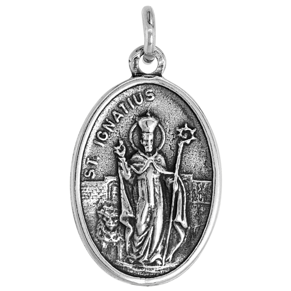 STERLING SILVER ST IGNATIUS MEDAL NECKLACE OXIDIZED FINISH OVAL 1.8MM CHAIN