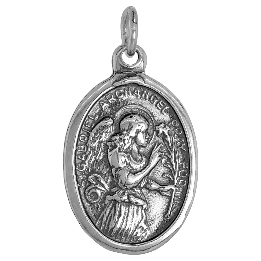 STERLING SILVER ST GABRIEL MEDAL NECKLACE OXIDIZED FINISH OVAL 1.8MM CHAIN