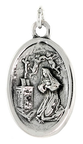 STERLING SILVER MARY MAGDALENE MEDAL NECKLACE OXIDIZED FINISH OVAL 1.8MM CHAIN