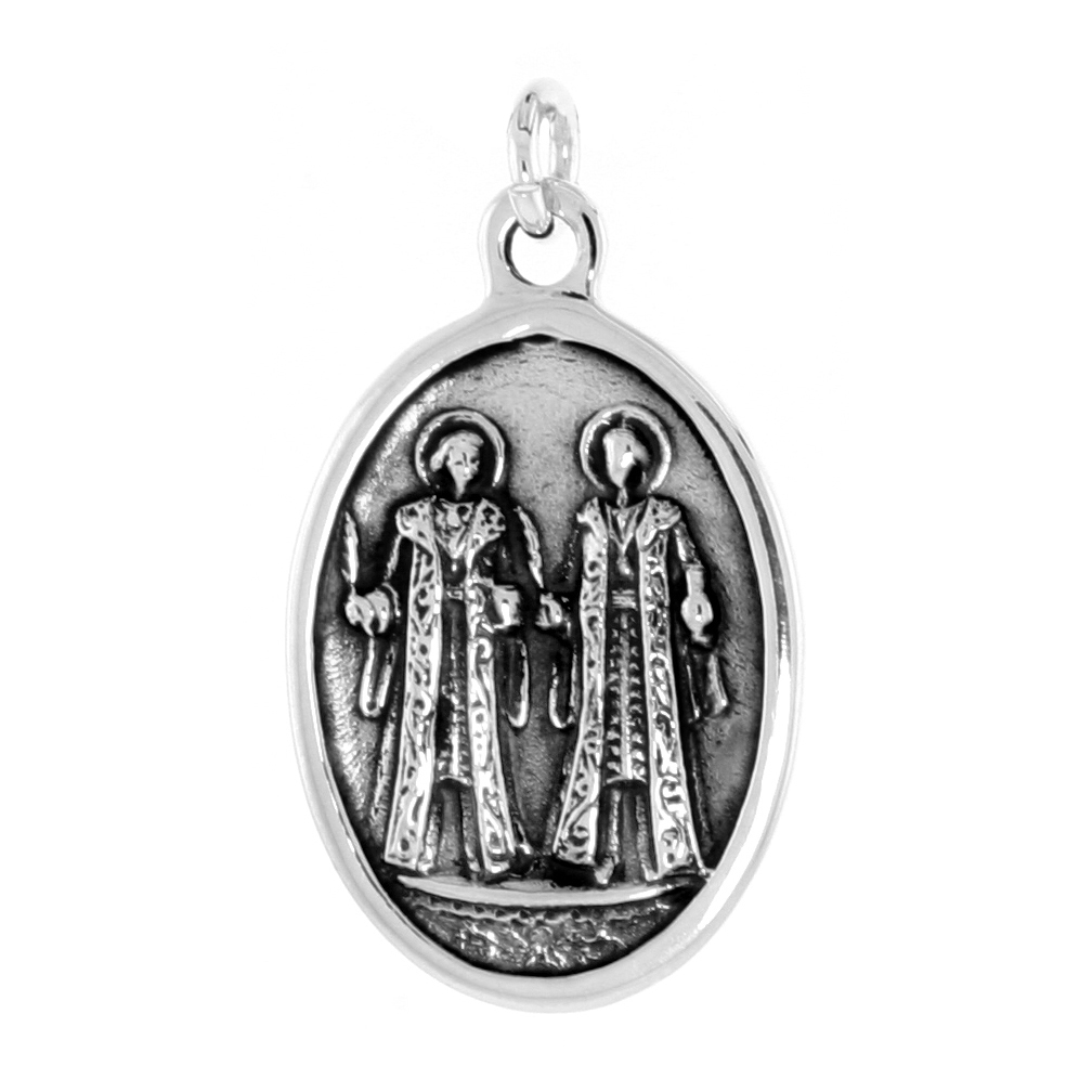 STERLING SILVER ST GABRIEL'S CONFERENCE MEDAL NECKLACE OXIDIZED FINISH OVAL 1.8MM CHAIN