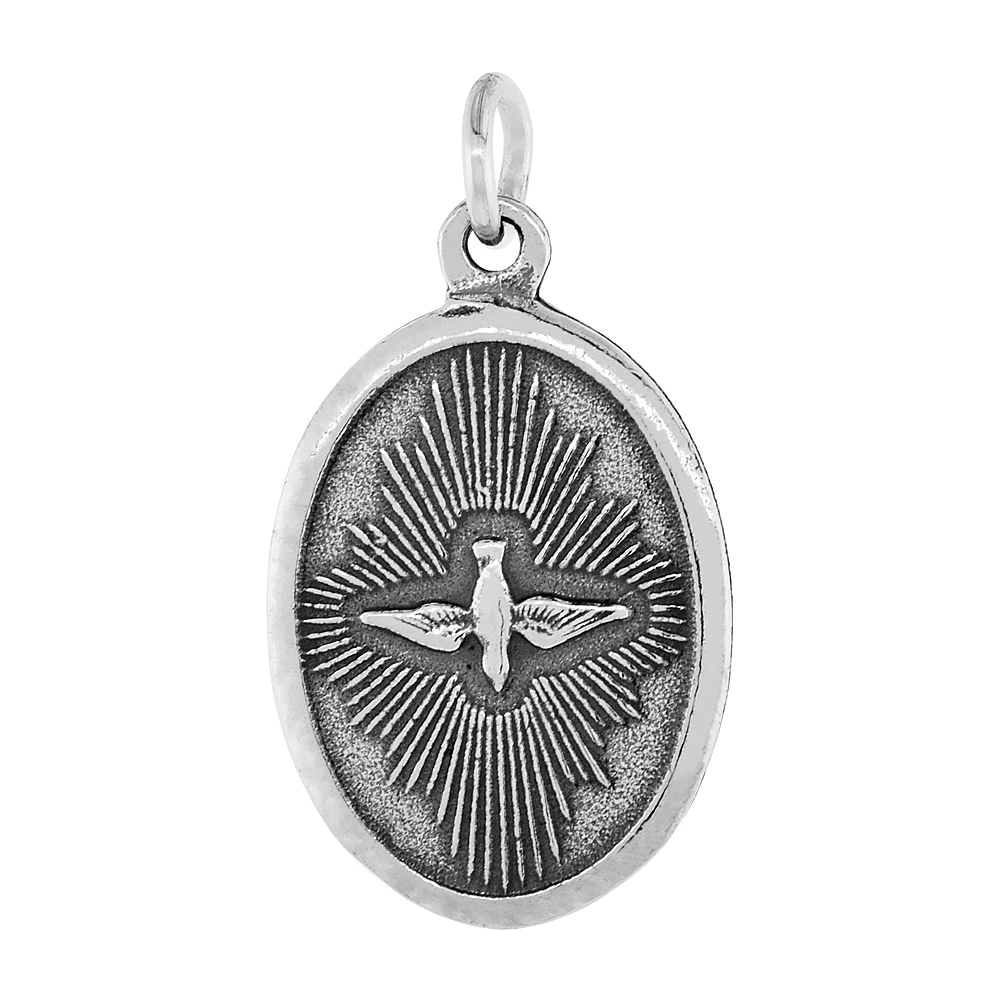 STERLING SILVER HOLY SPIRIT MEDAL NECKLACE OXIDIZED FINISH OVAL 1.8MM CHAIN