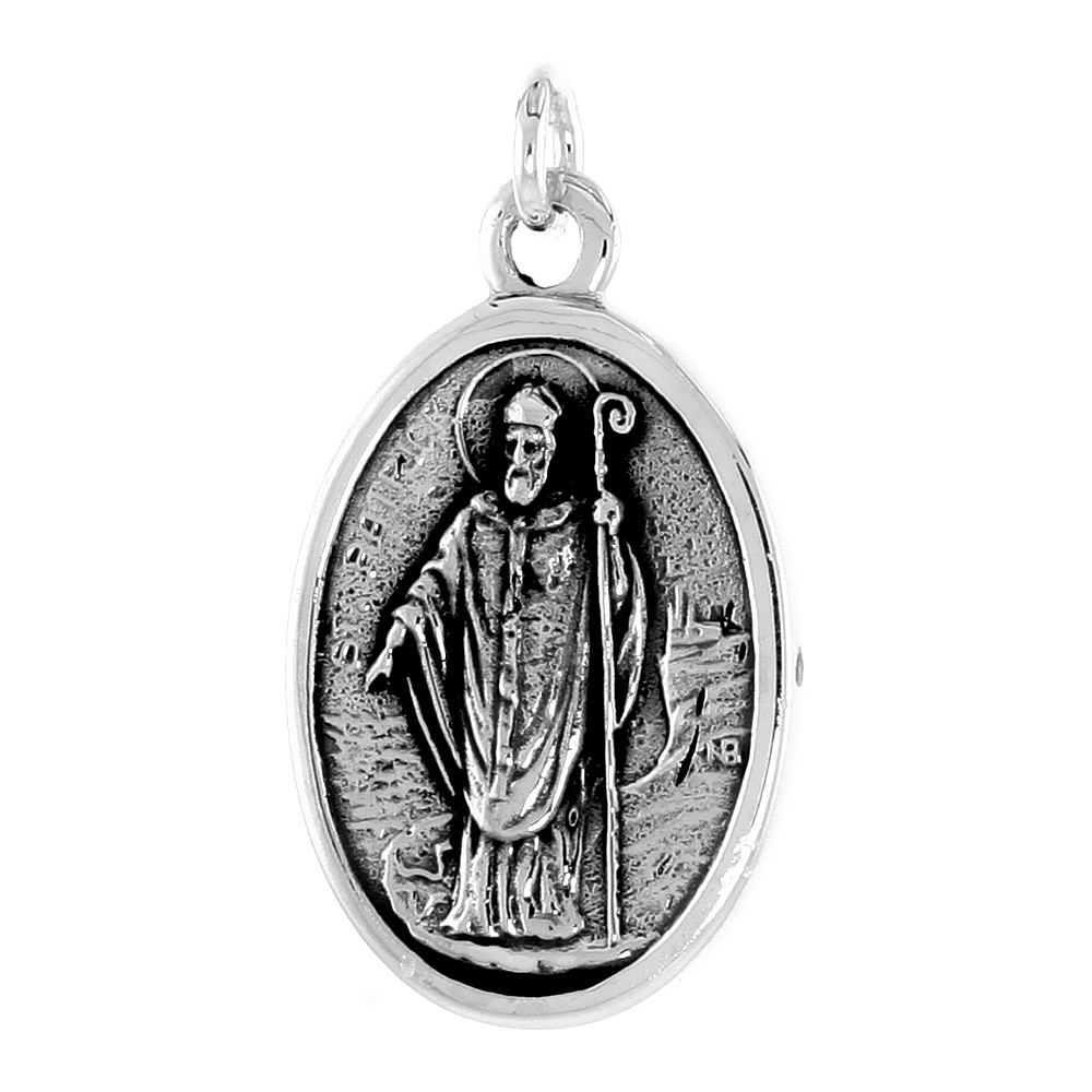 STERLING SILVER ST PATRICK AND ST BRIDGET MEDAL NECKLACE OXIDIZED FINISH OVAL 1.8MM CHAIN