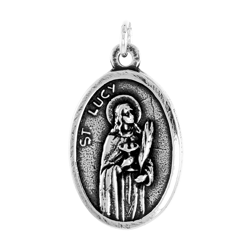STERLING SILVER ST LUCY AND SACRED HEART MEDAL NECKLACE OXIDIZED FINISH OVAL 1.8MM CHAIN