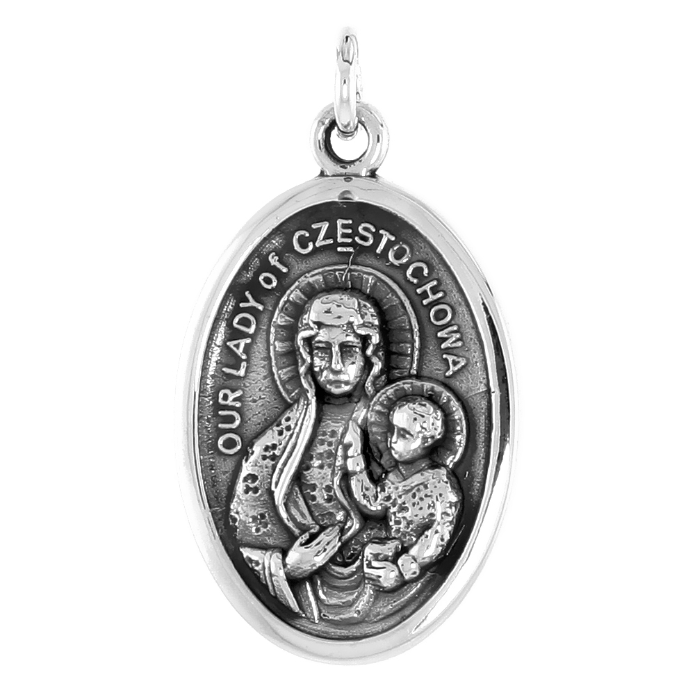 STERLING SILVER OUR LADY OF CZESTOCHOWA MEDAL NECKLACE OXIDIZED FINISH OVAL 1.8MM CHAIN