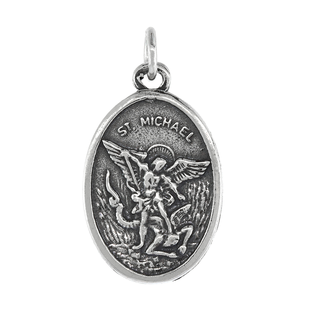 STERLING SILVER ST MICHAEL MEDAL NECKLACE OXIDIZED FINISH OVAL 1.8MM CHAIN