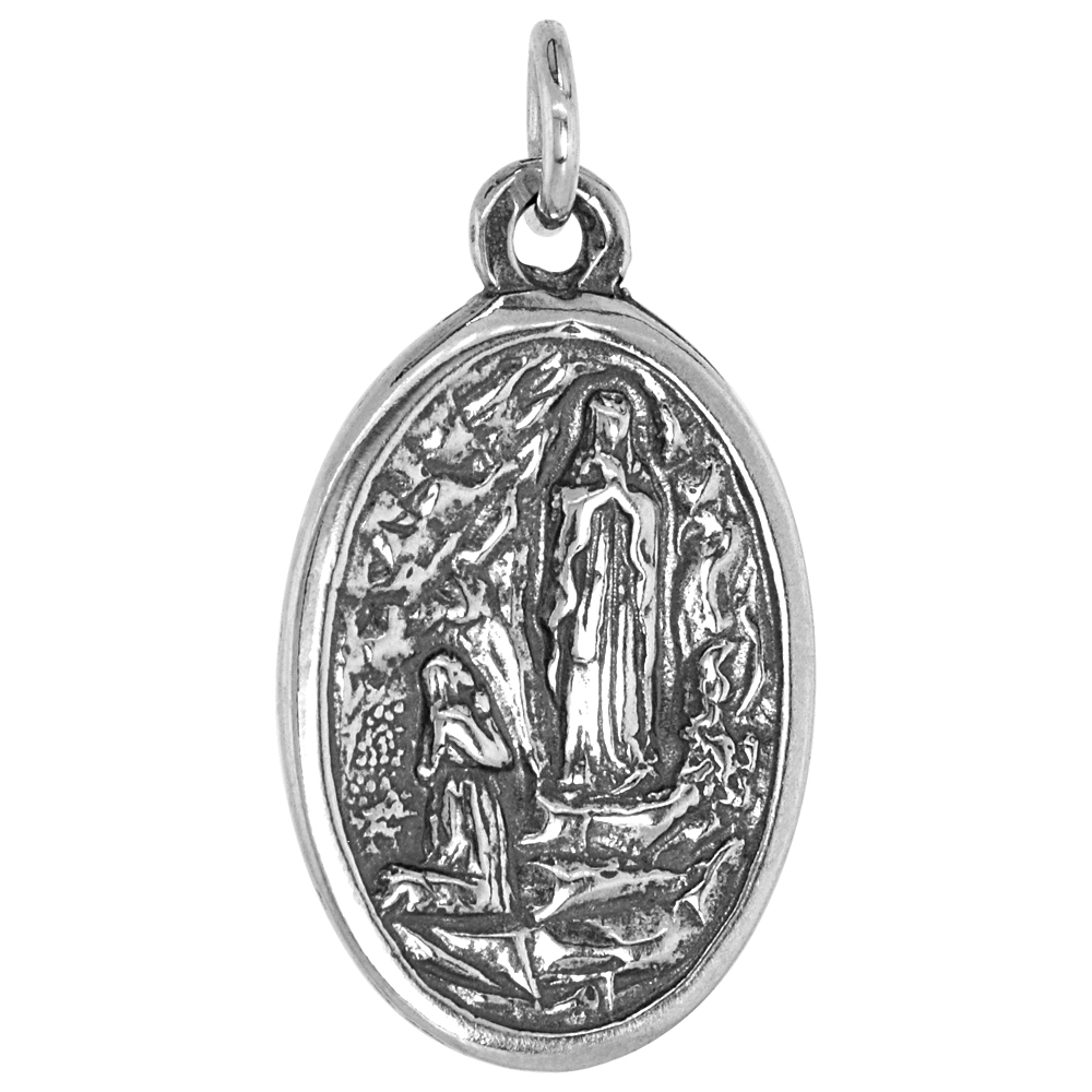 STERLING SILVER ST BERNADETTE AND ASCENSION OF VIRGIN MARY MEDAL NECKLACE OXIDIZED FINISH OVAL 1.8MM CHAIN