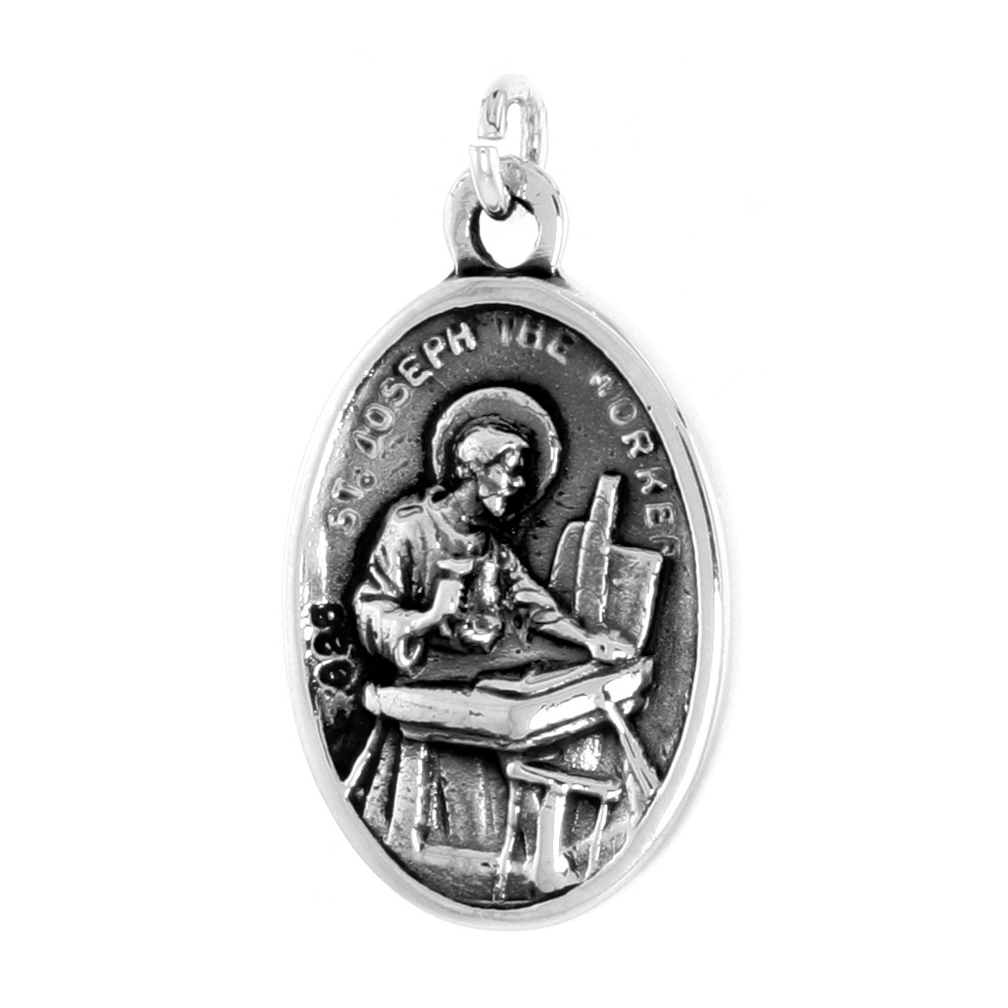 STERLING SILVER ST JOSEPH AND ST DYMPHNA MEDAL NECKLACE OXIDIZED FINISH OVAL 1.8MM CHAIN