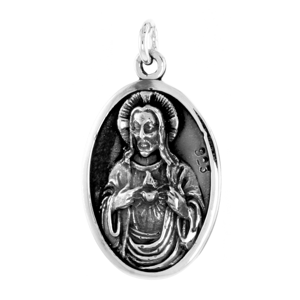 STERLING SILVER SACRED HEART AND VIRGIN OF CARMEL MEDAL NECKLACE OXIDIZED FINISH OVAL 1.8MM CHAIN