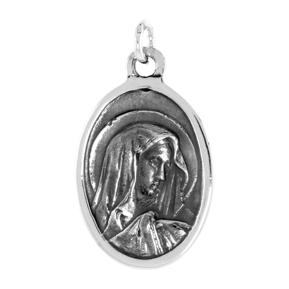 STERLING SILVER VIRGIN MARY AND ST PEREGRINE MEDAL NECKLACE OXIDIZED FINISH OVAL 1.8MM CHAIN