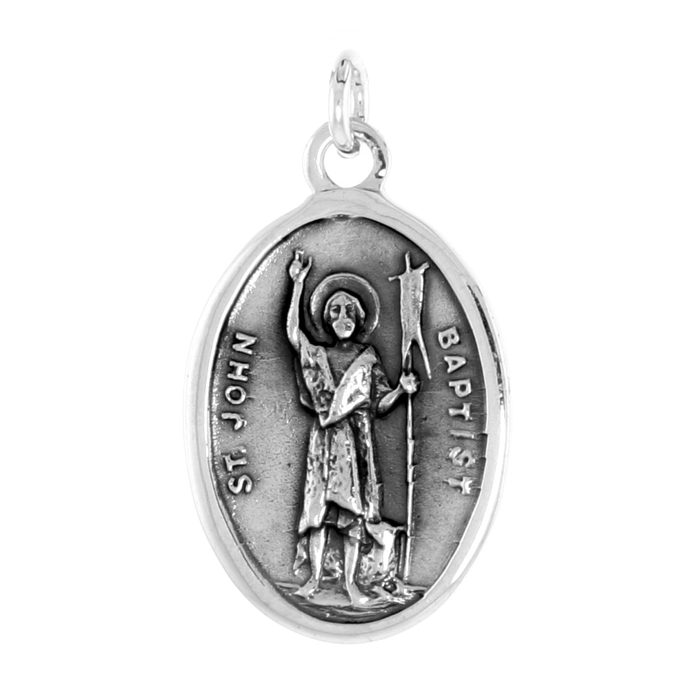 STERLING SILVER ST JOHN THE BAPTIST MEDAL NECKLACE OXIDIZED FINISH OVAL 1.8MM CHAIN