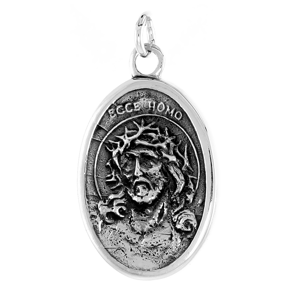 STERLING SILVER JESUS WITH CROWN OF THORNS SORROWFUL MOTHER MEDAL NECKLACE OXIDIZED FINISH DOUBLE SIDED OVAL 1.8MM CHAIN