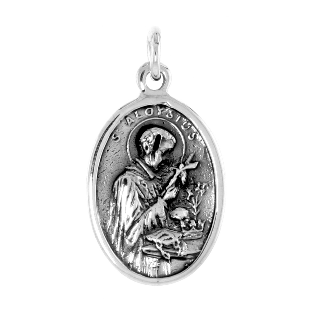 STERLING SILVER ST ALOYSIUS AND ST GABRIEL MEDAL NECKLACE OXIDIZED FINISH OVAL 1.8MM CHAIN