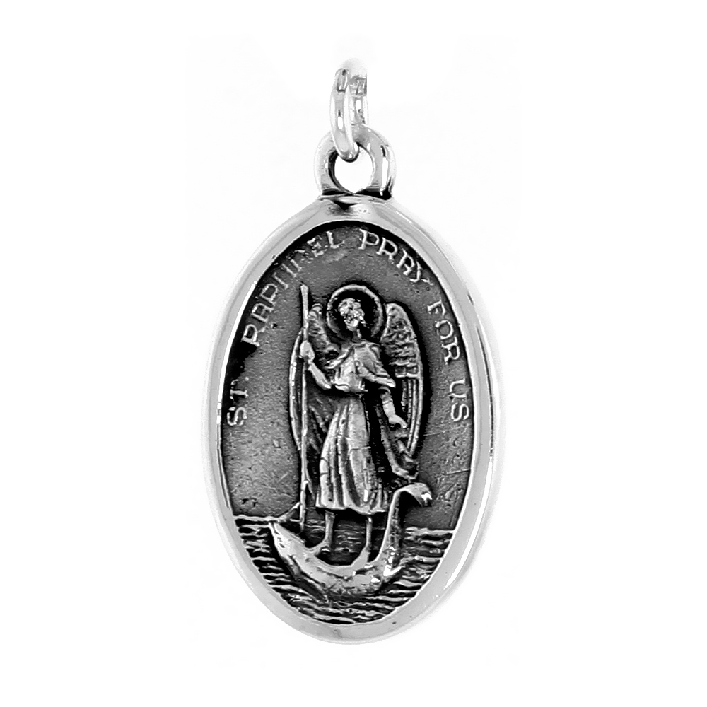 STERLING SILVER ST RAPHAEL AND OUR LADY OF LORETO MEDAL NECKLACE OXIDIZED FINISH OVAL 1.8MM CHAIN