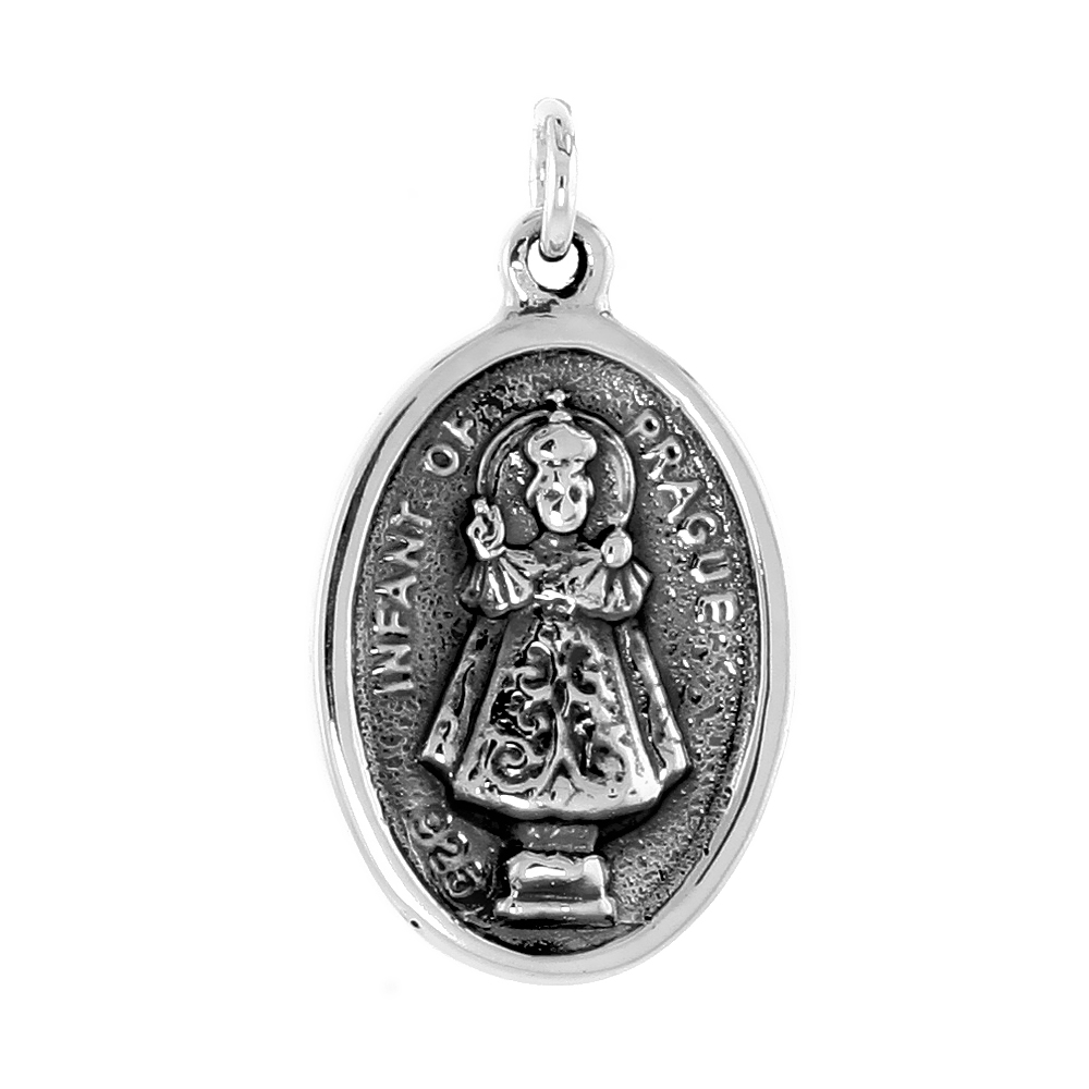 STERLING SILVER CHRIST OF PRAGUE AND SACRED HEART MEDAL NECKLACE OXIDIZED FINISH OVAL 1.8MM CHAIN