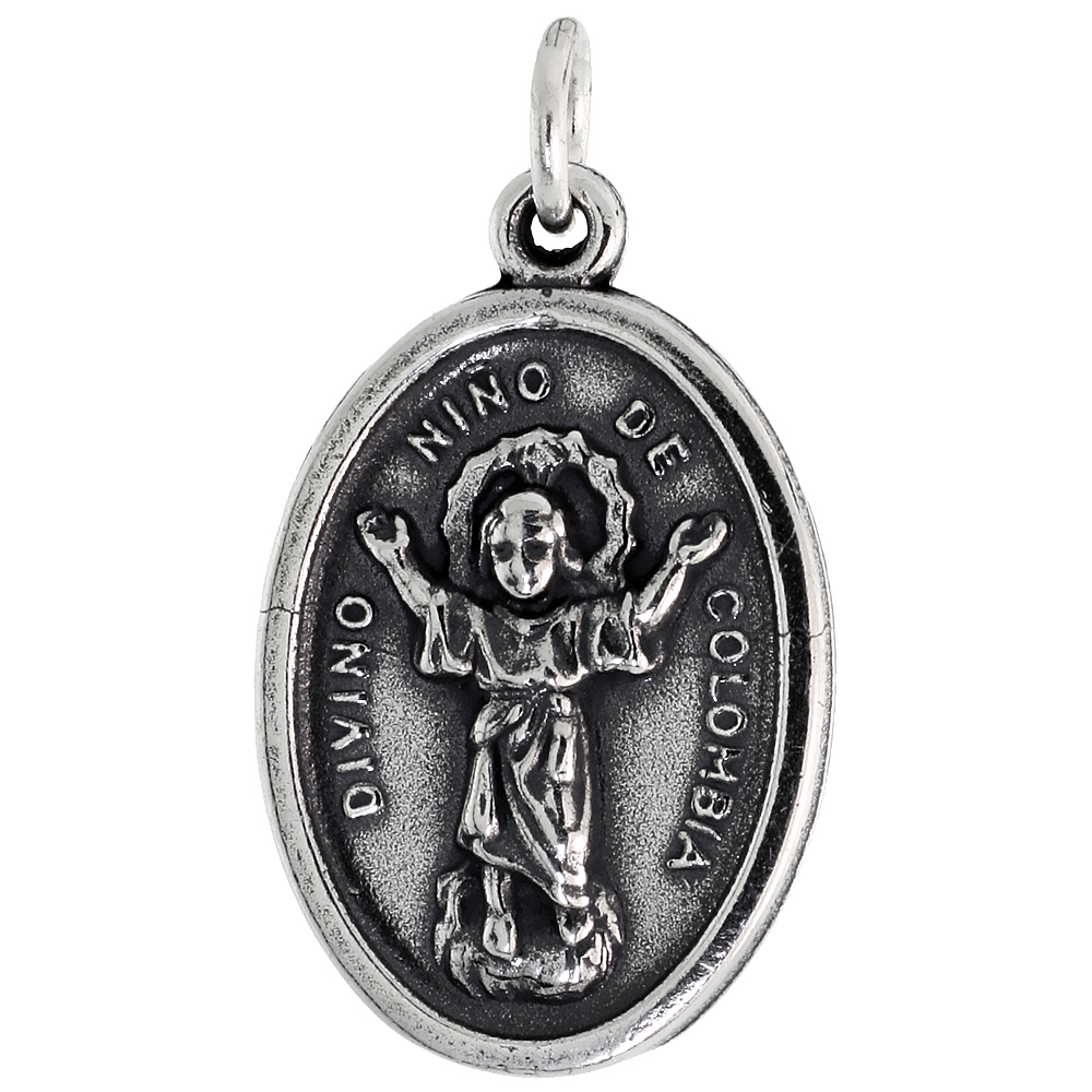 STERLING SILVER DIVINE CHRIST OF COLOMBIA MEDAL NECKLACE OXIDIZED FINISH OVAL 1.8MM CHAIN