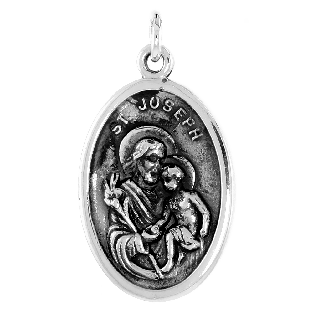 STERLING SILVER ST JOSEPH MEDAL NECKLACE OXIDIZED FINISH OVAL 1.8MM CHAIN