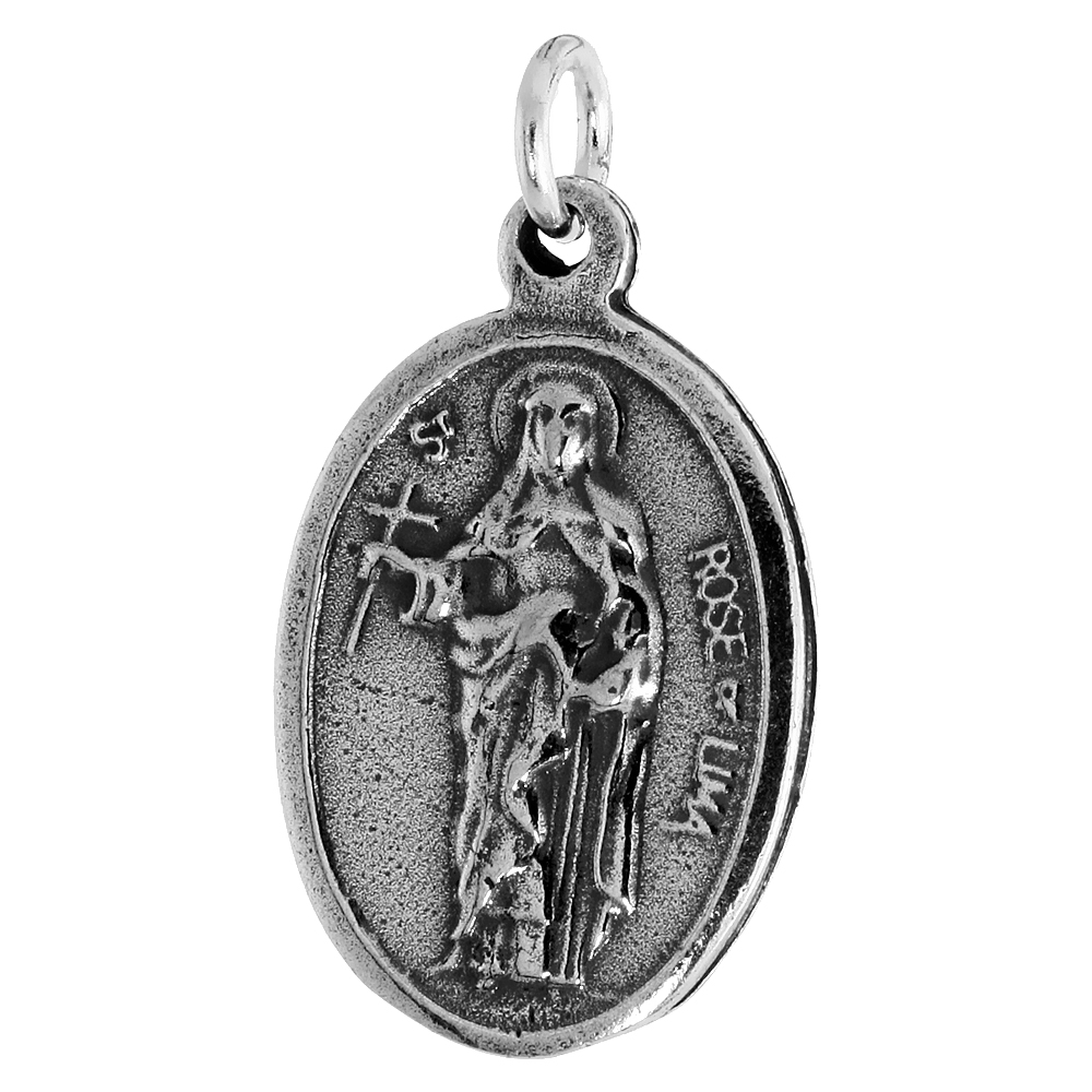STERLING SILVER ST ROSE OF LIMA MEDAL NECKLACE OXIDIZED FINISH OVAL 1.8MM CHAIN