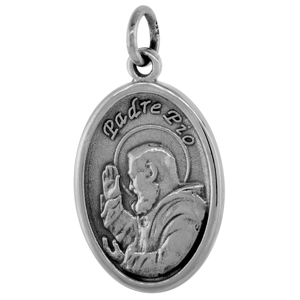 STERLING SILVER ST PADRE PIO MEDAL NECKLACE OXIDIZED FINISH OVAL 1.8MM CHAIN