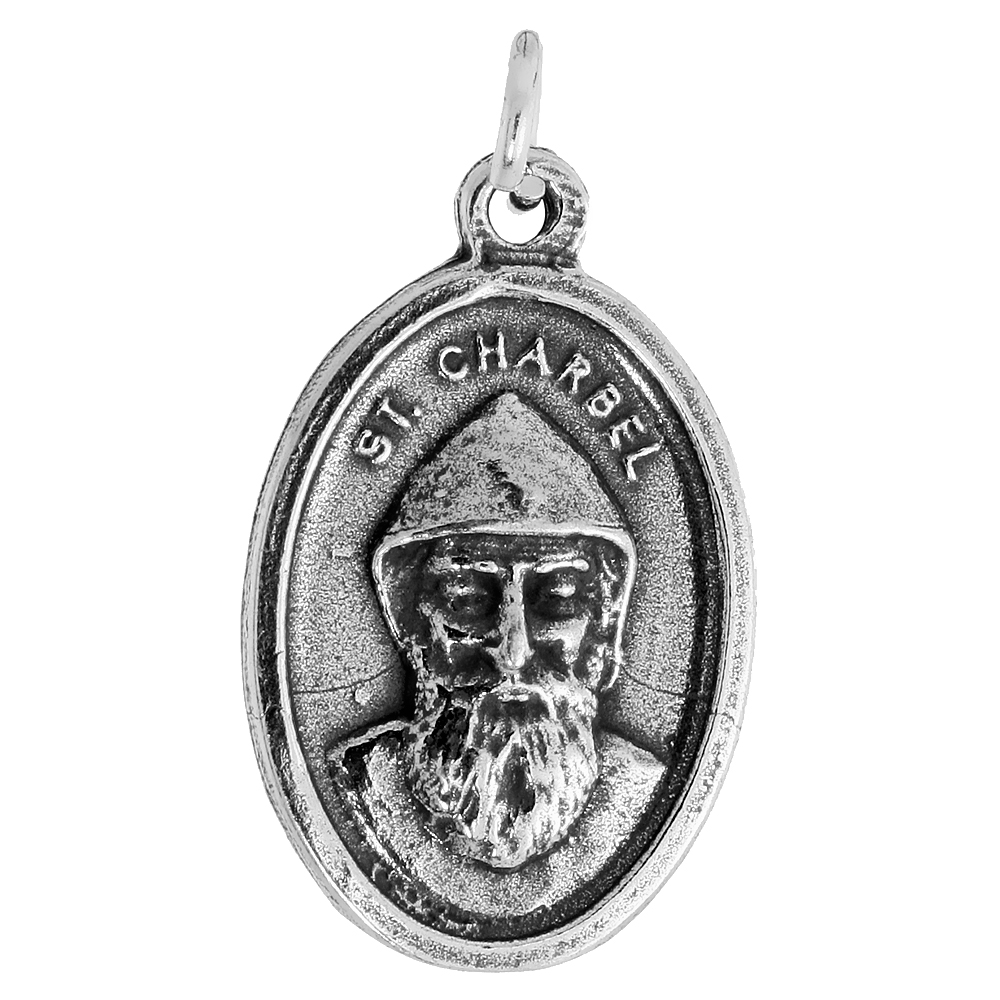 STERLING SILVER ST CHARBEL MEDAL NECKLACE OXIDIZED FINISH OVAL 1.8MM CHAIN