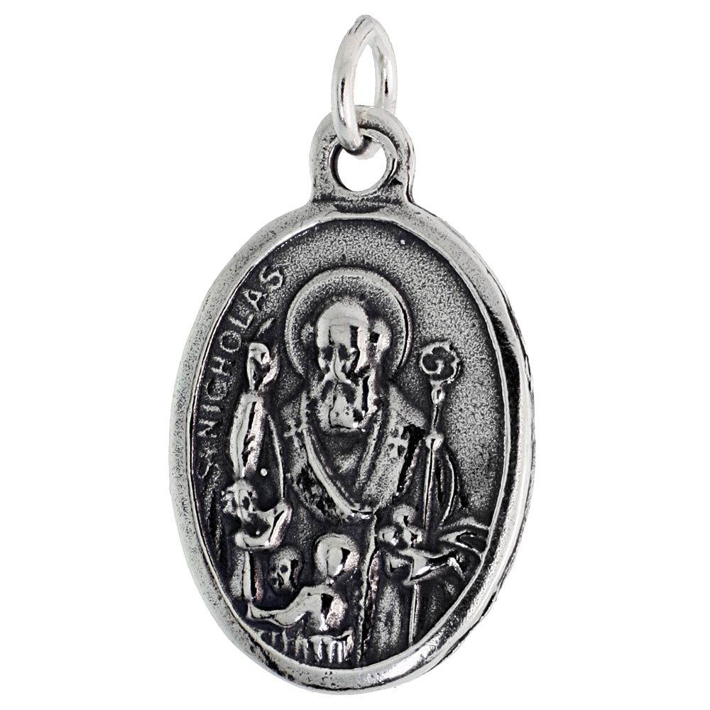 STERLING SILVER ST NICHOLAS MEDAL NECKLACE OXIDIZED FINISH OVAL 1.8MM CHAIN