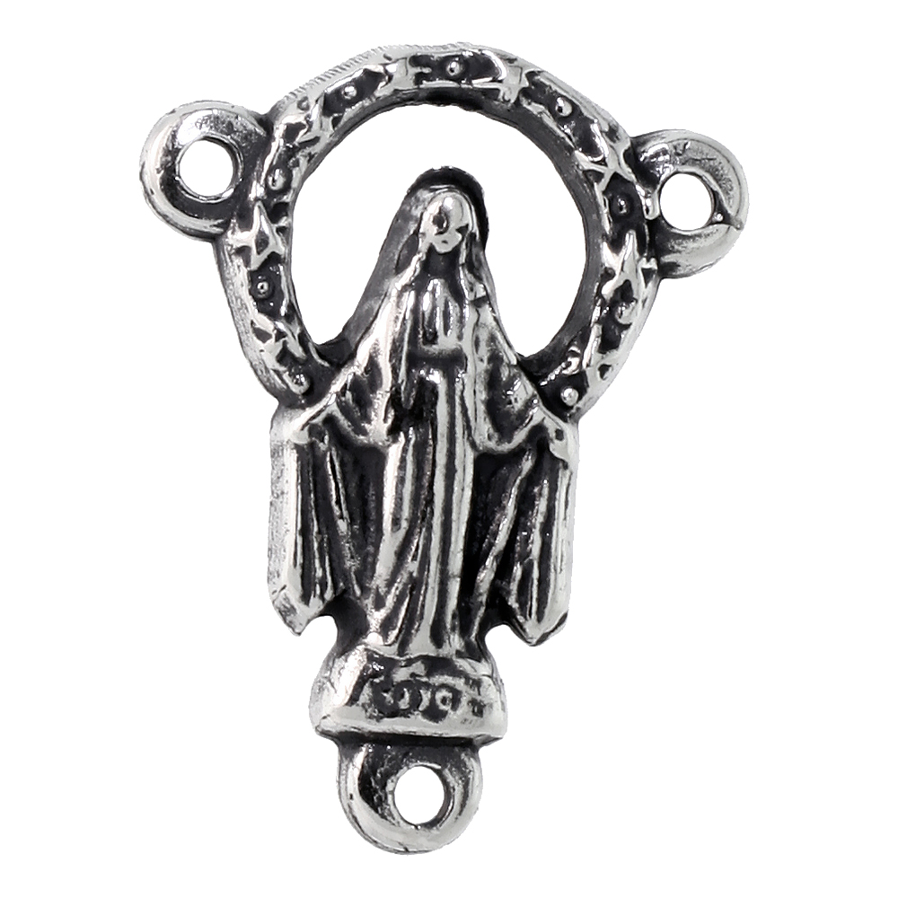 STERLING SILVER VIRGIN MARY MIRACULOUS MEDAL PENDANT OXIDIZED FINISH ROSARY CENTER 3/4 INCH