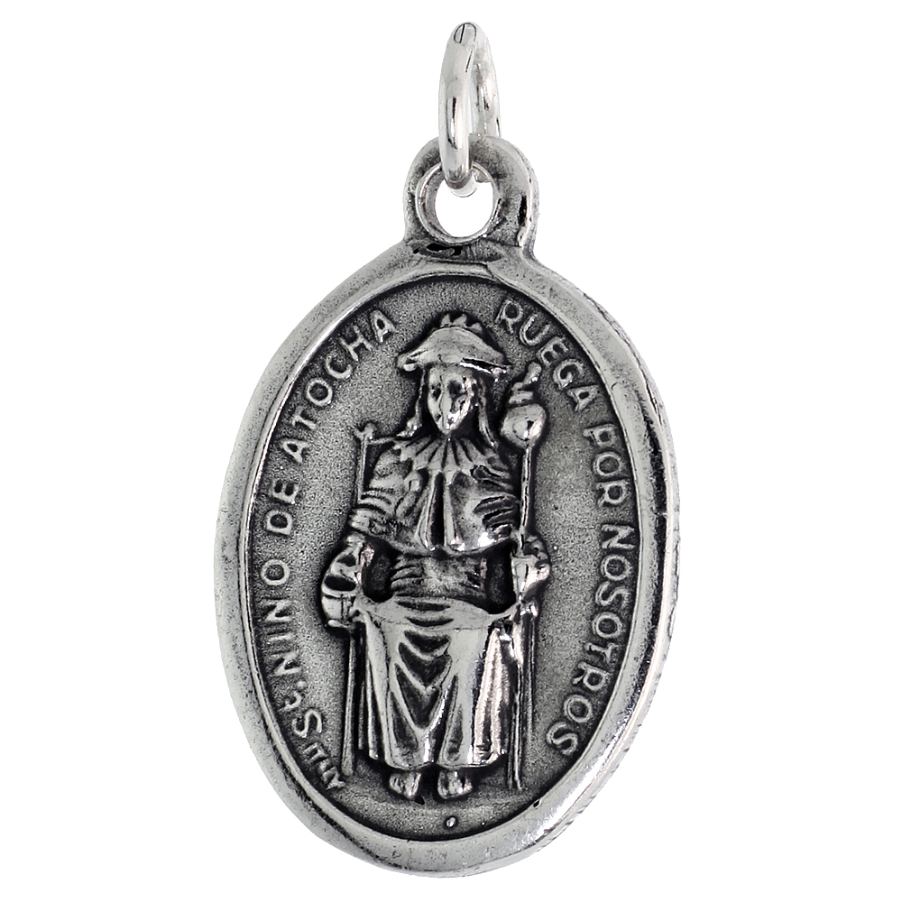 STERLING SILVER ST NIO DE ATOCHA MEDAL NECKLACE OXIDIZED FINISH OVAL 1.8MM CHAIN