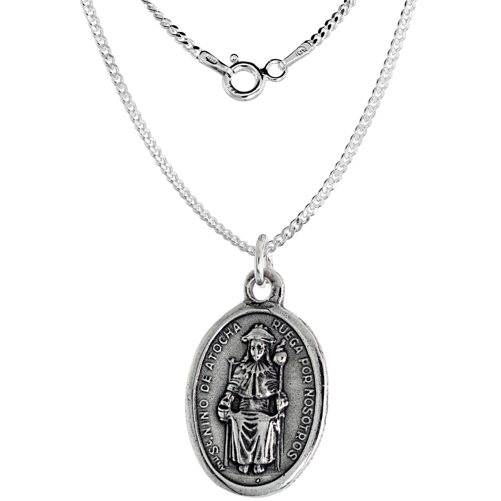 Sterling Silver St Nio De Atocha Medal Necklace Oxidized finish Oval 1.8mm Chain